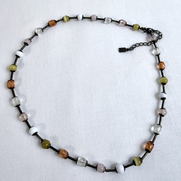 Vintage FI Glass Bead Necklace – Amber, White, Cat’s Eye Beads w/ Antiqued Brass - Picture 3 of 6